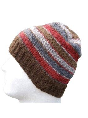 Men's Alpaca Wool Beanie Skully Hand Knit Hat Thin Faux Fair Isle Brown Gray Red